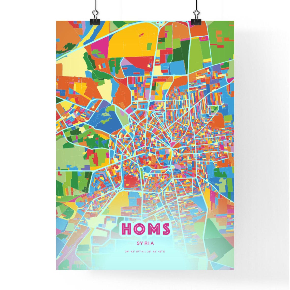 Homs Syria Striking Crazy Colorful Mosaic City Map Art Poster - Image 3