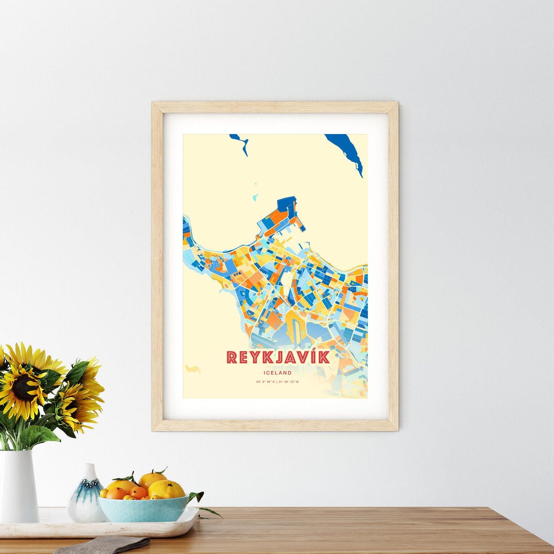 Reykjavik Iceland Modern Colorful City Map Blue Orange Poster - Image 2