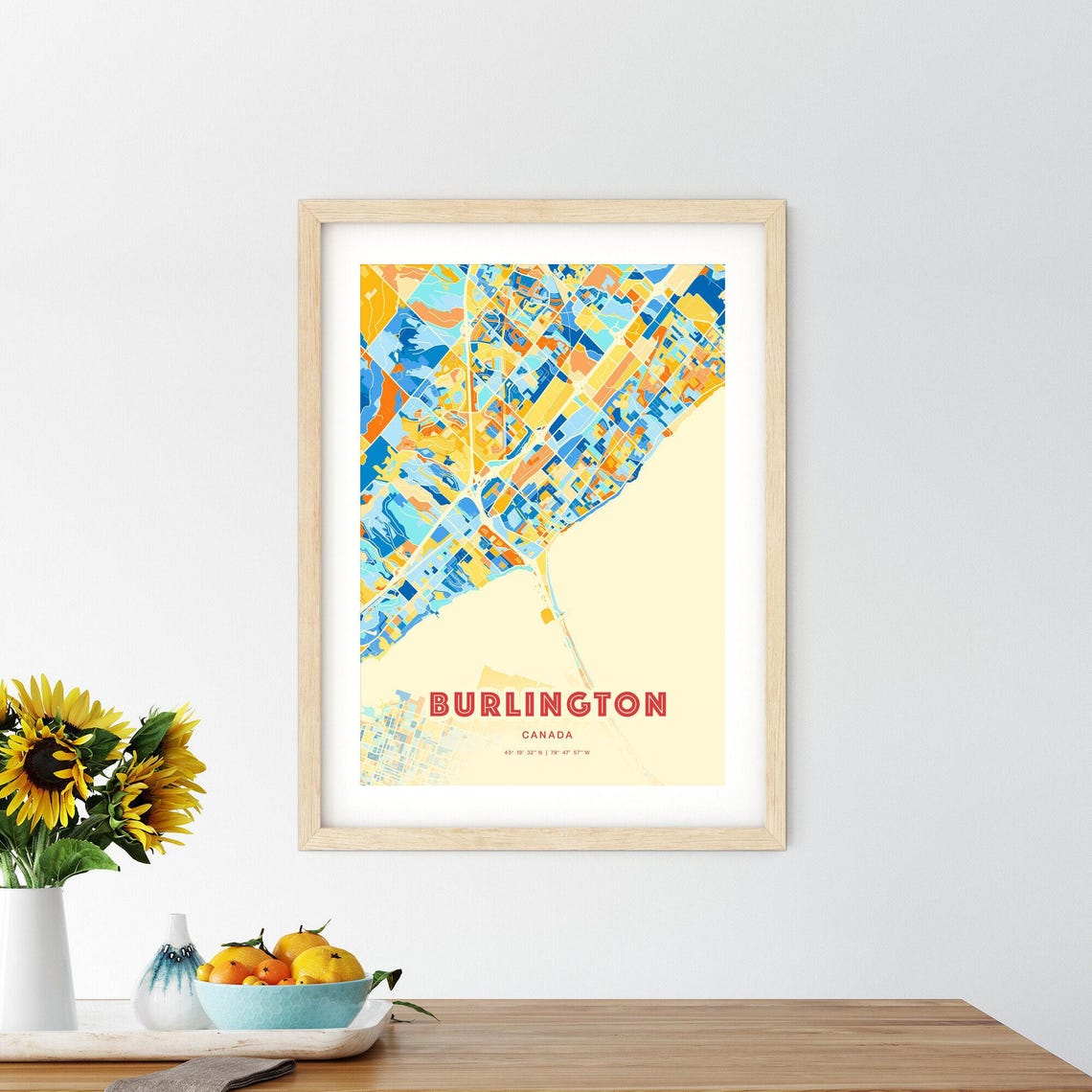 Burlington Canada City Map Art Poster in Bold Blue and Orange - Image 2