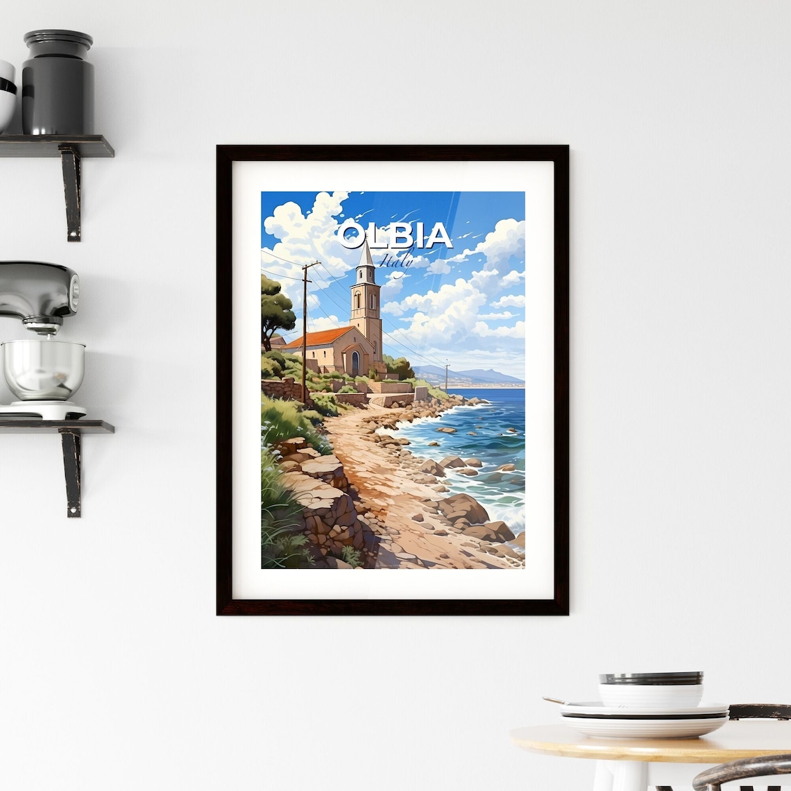 Olbia Italy Coastal Church Rocky Shoreline Bright Blue Sea Poster - Image 2