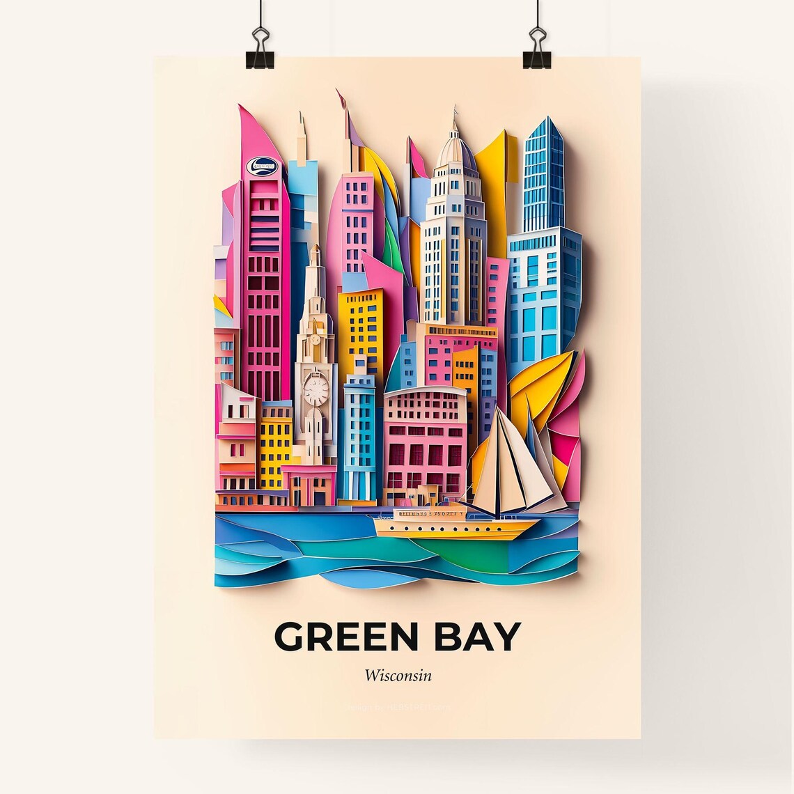 Green Bay Wisconsin Skyline Sailboat Paper Cut Travel Poster - Image 4