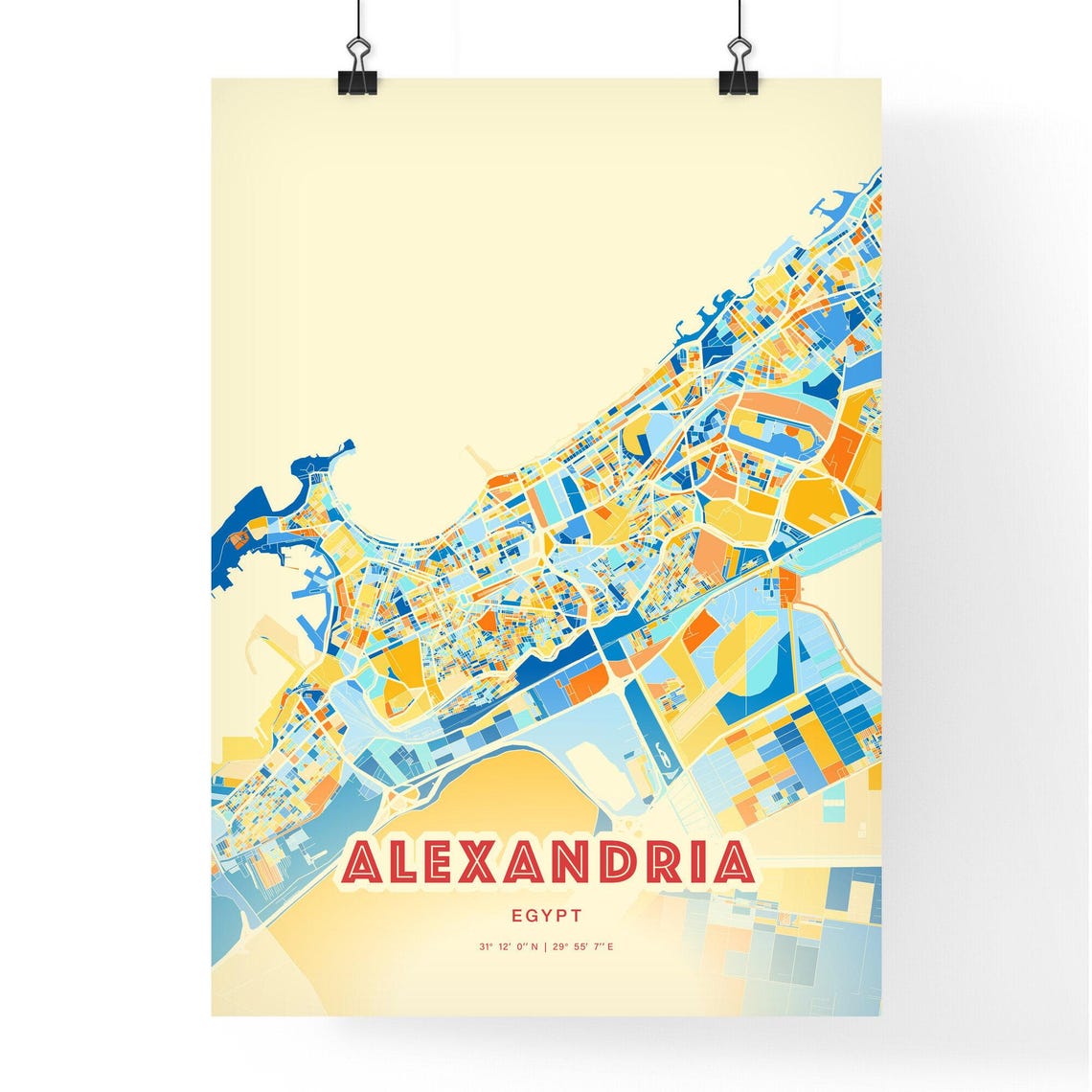 Alexandria Egypt Vibrant Stylized Blue and Orange City Map Poster - Image 3