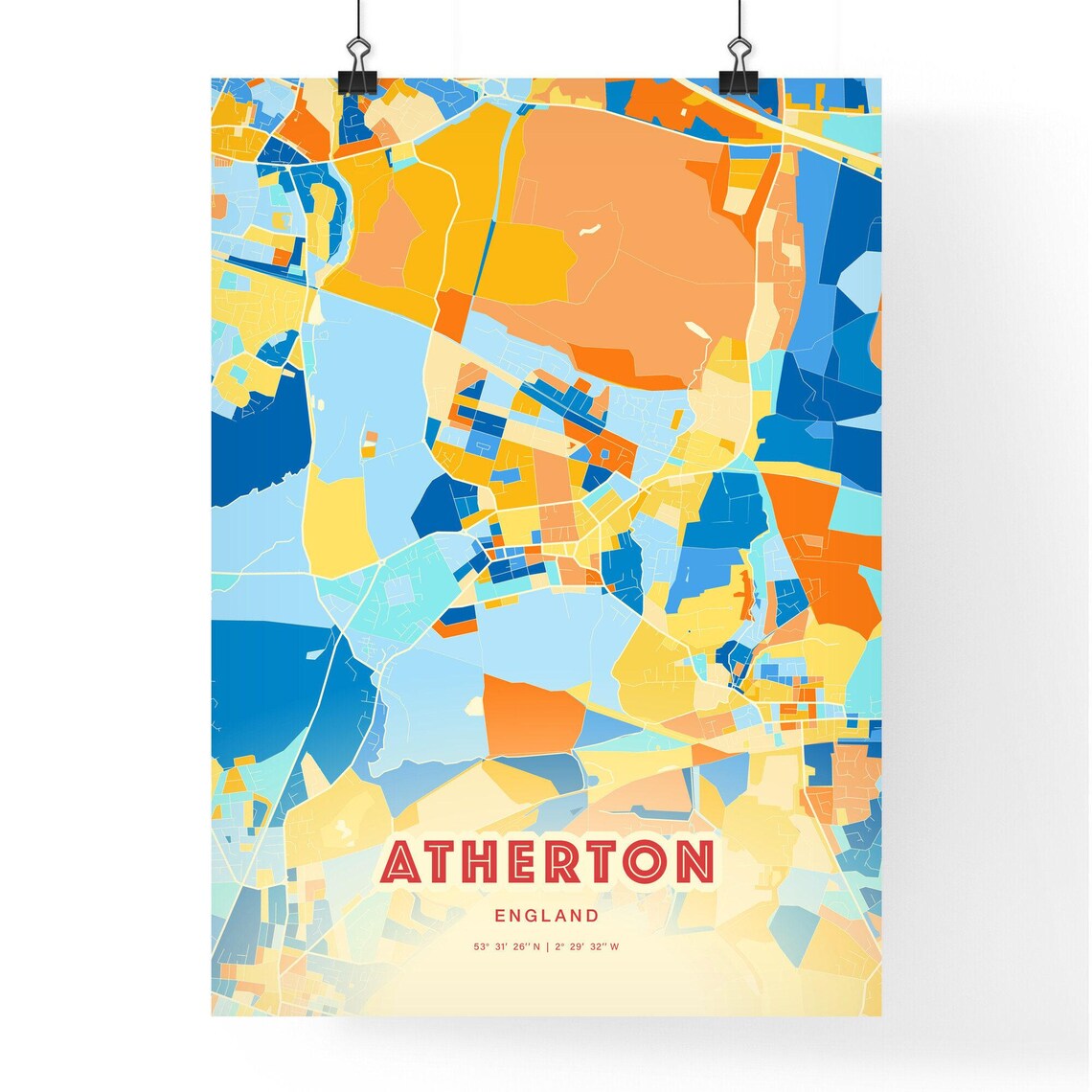 Atherton England Colorful Blue and Orange Retro City Street Map Wall Art - Image 3
