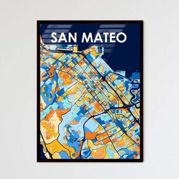San Mateo California Stylish Vibrant Blue and Orange Mosaic City Map Poster