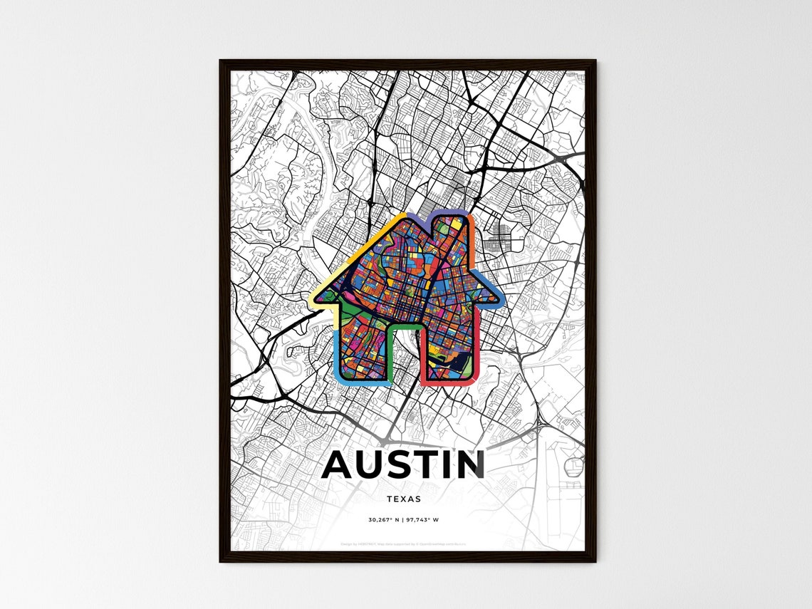 Austin Texas Minimal Map Art With Colorful Heart Icon Poster - Image 3