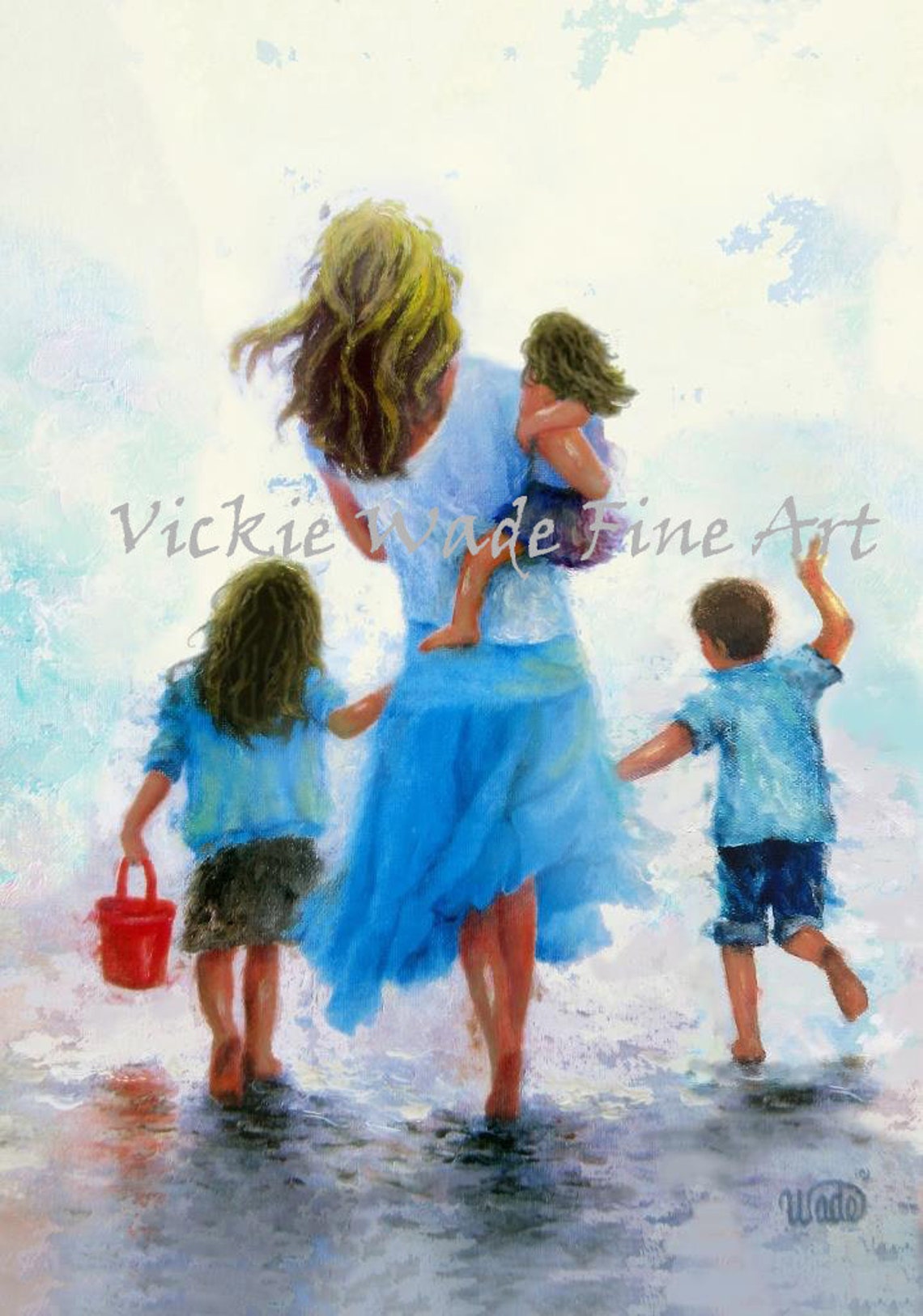Mother Walking Into Surf With Two Daughters And Son At Beach Poster
