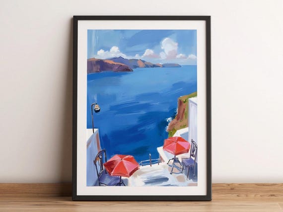 Santorini Blue Water Narrow Street Greece Oil Painting Wall Art Watercolor Travel Print Seaside Greek Island Poster