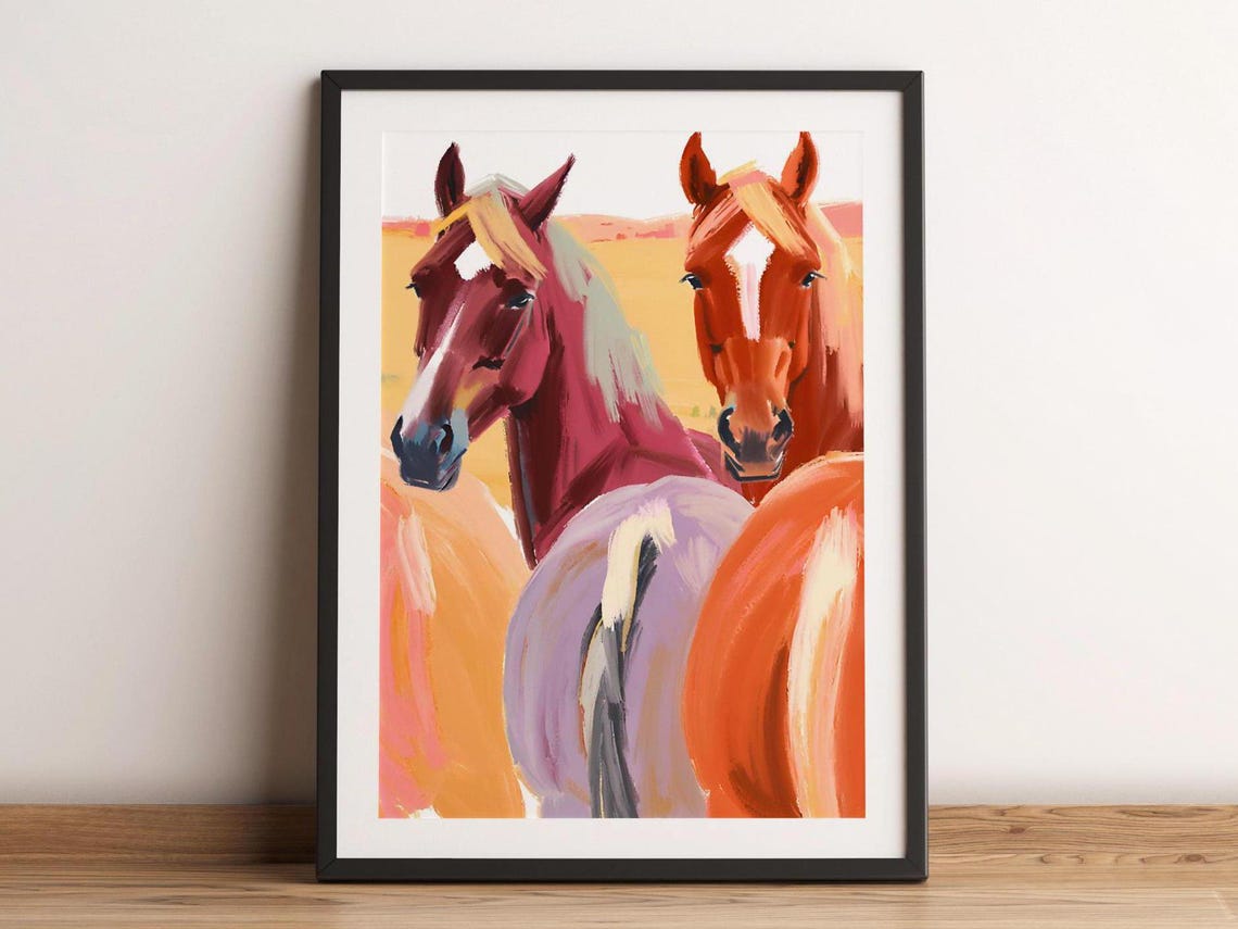 Two Chestnut Horses Close Portrait Warm Desert Tones Equine Art Poster