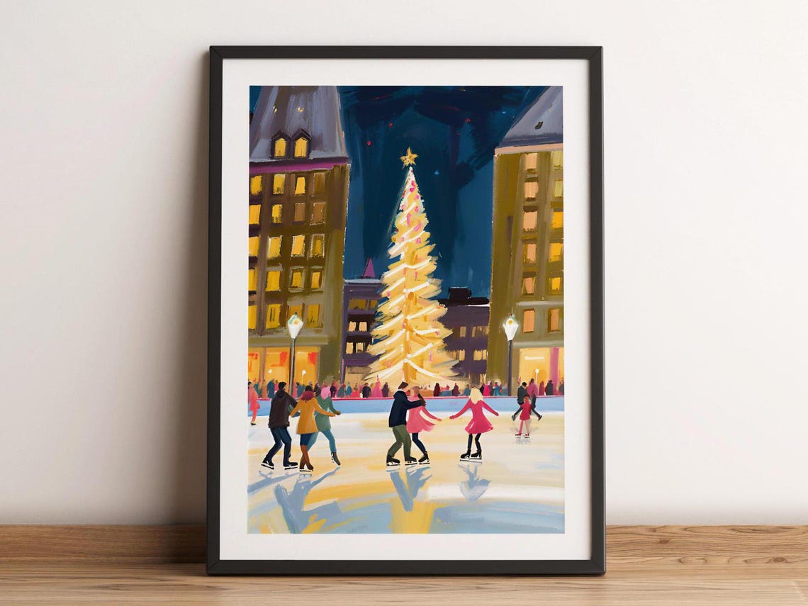 City Christmas Tree With Ice Skaters Festive Night Scene Poster