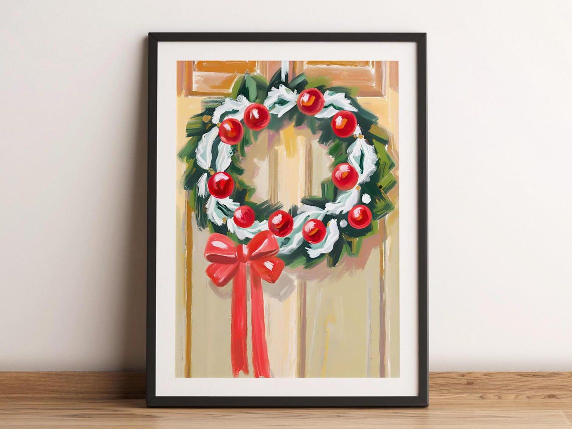 Vintage Christmas Wreath Red Bow Wooden Door Holiday Art Poster