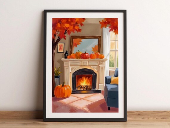 Fireplace Pumpkin Halloween House Watercolor Painting Cozy Fall Wall Print Autumn Witch Haunted Home Decor