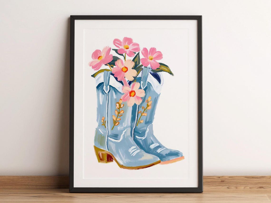 Light Blue Floral Cowboy Boots with Pink Flowers Western Poster