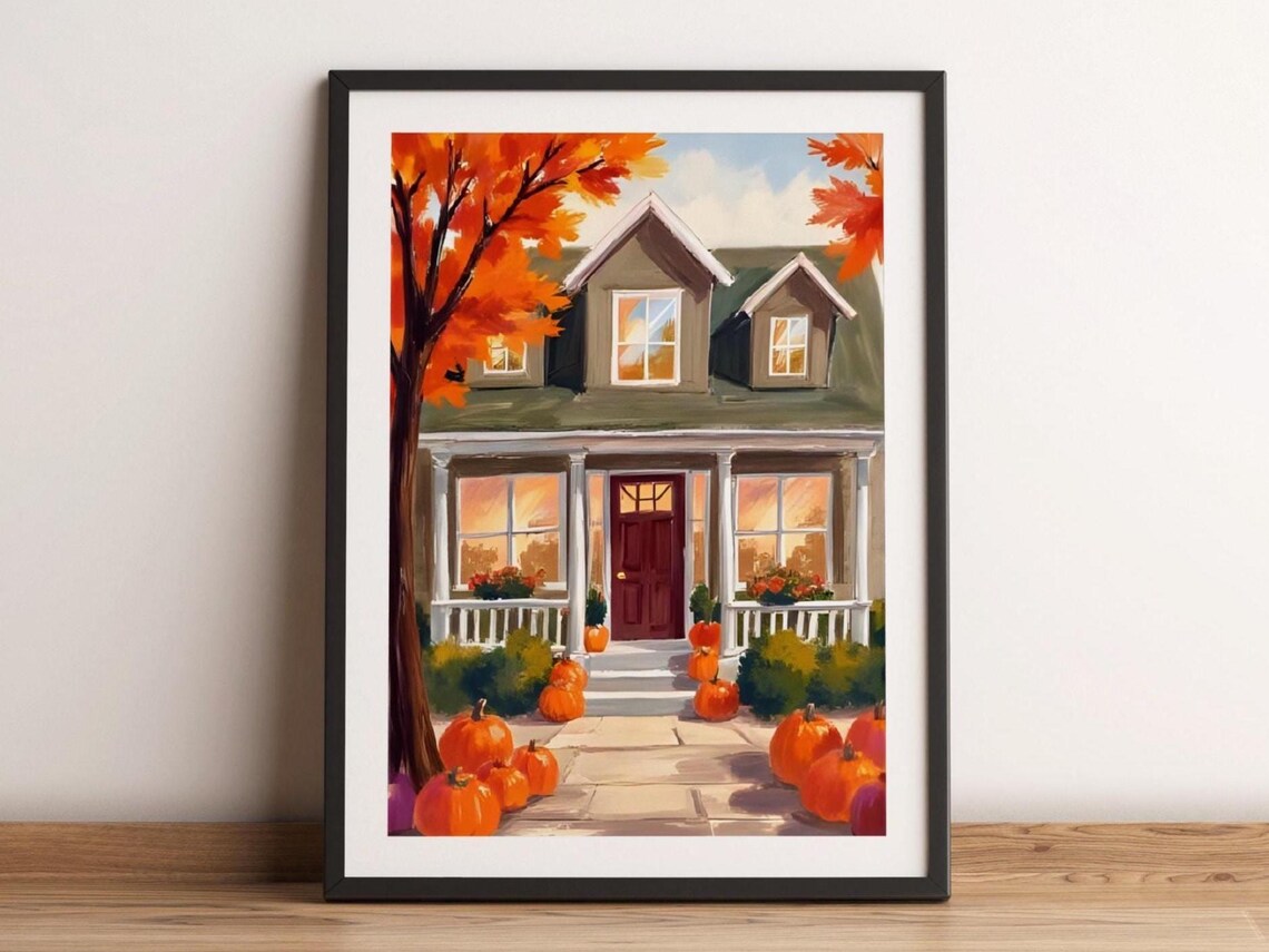 Halloween Pumpkin House Watercolor Art Print, Cozy Fall Decor