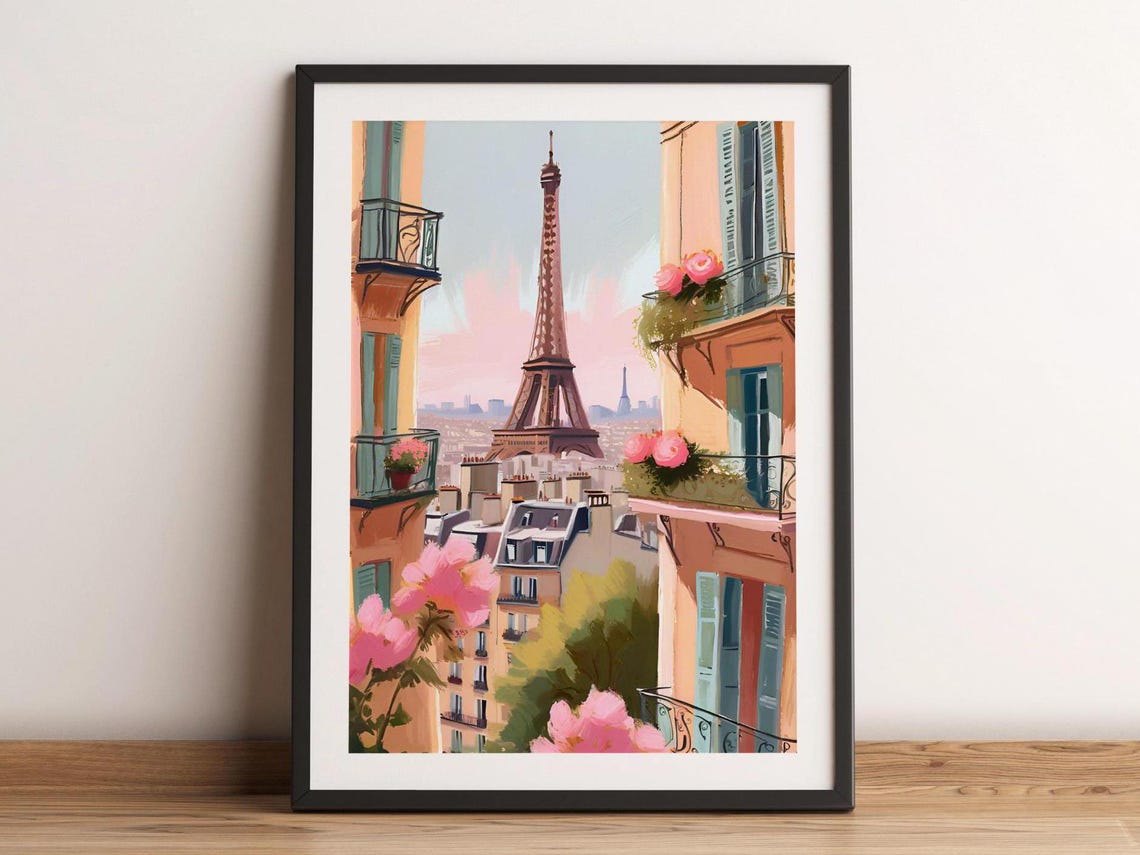 Eiffel Tower Paris Street View Pink Blossoms Watercolor Poster