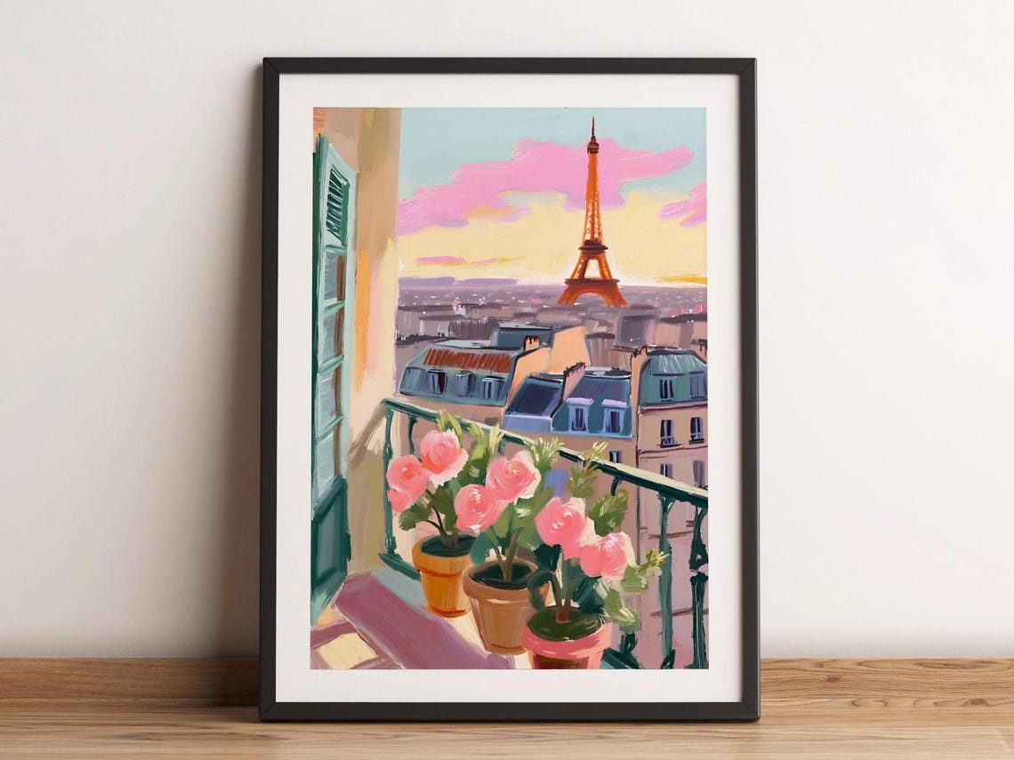 Paris Balcony With Pink Flowers And Eiffel Tower Sunset View Poster