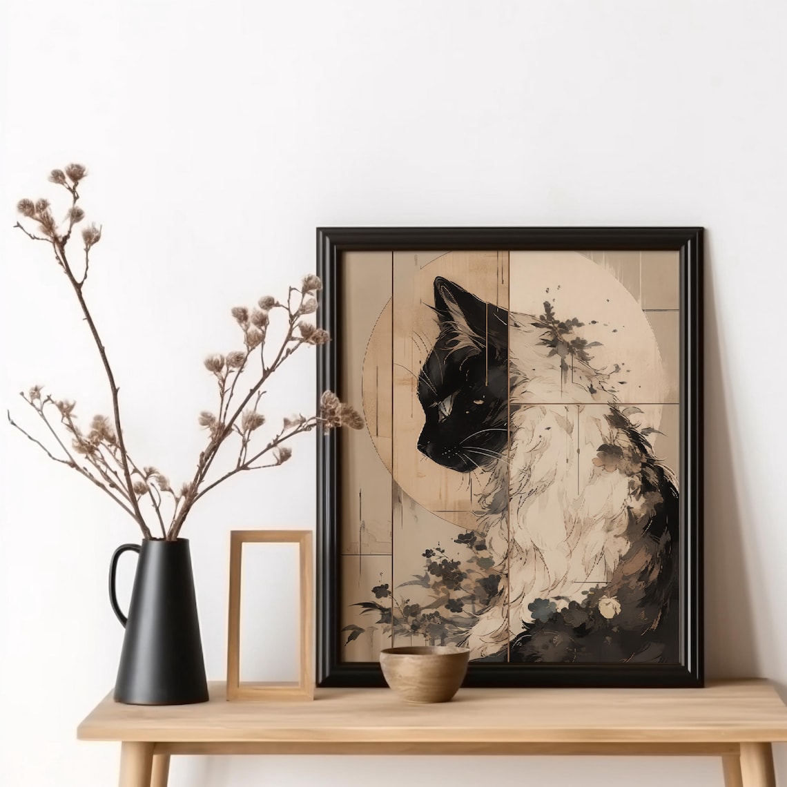 Japan Cat Poster, Black White Oriental Modern Print