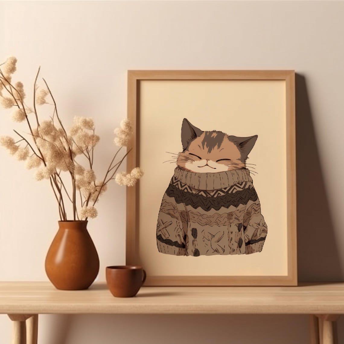 Smiling Cat in Cozy Knit Sweater Cute Winter Illustration Poster