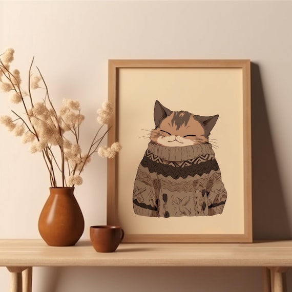 Snug Cat In Sweater Poster Lover Funny Art Decor Minimalistic Modern Wall Trendy Retro Winter