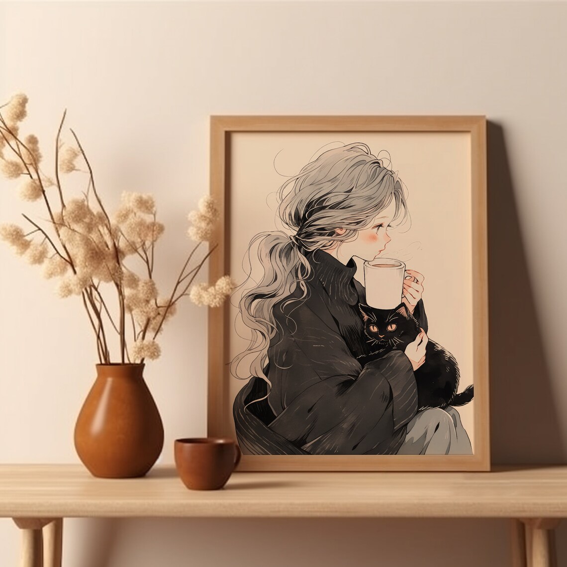 Girl And Cat Coffee Morning Kitchen Art Print