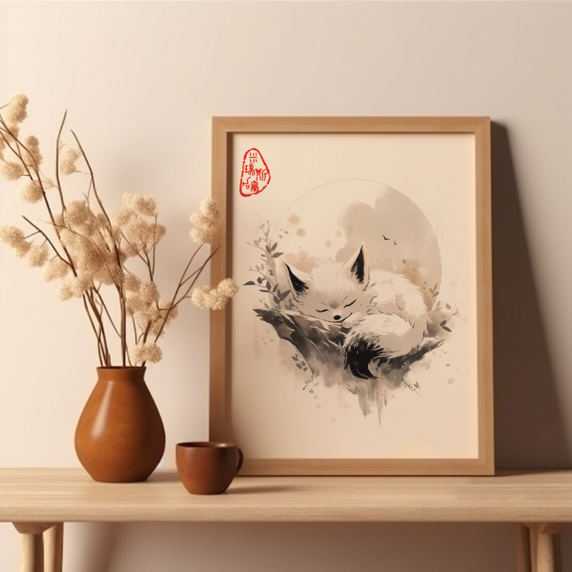 Sleeping Fox Cute Japanese Art Print, Minimalist