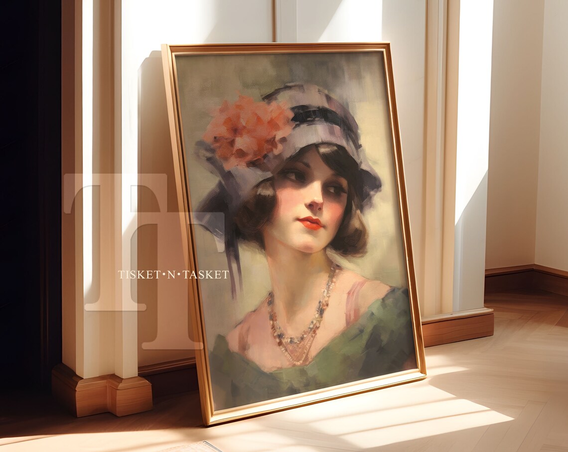 Elegant Fashion Woman With Flower Hat Vintage Portrait Oil Wall Art
