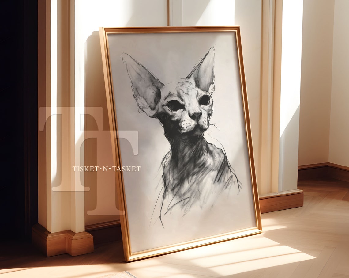 Sphynx Cat Drawing Neutral Wall Art