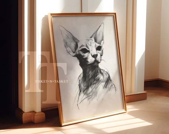 Sphynx Cat Drawing Neutral Wall Art