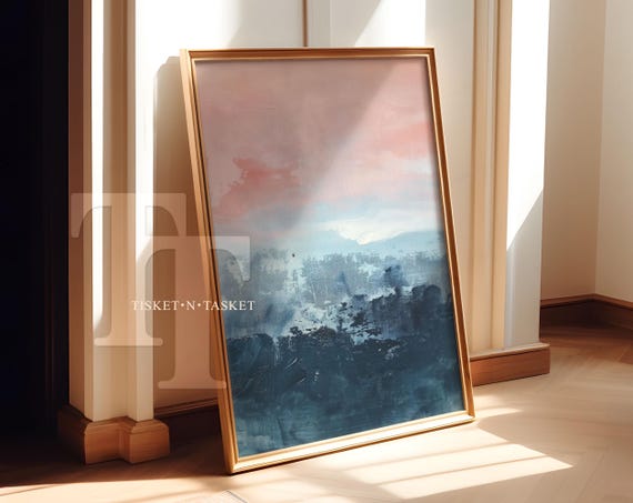 Abstract Blue And Pink Painting Contemporary Water Waves Sunset Wall Art