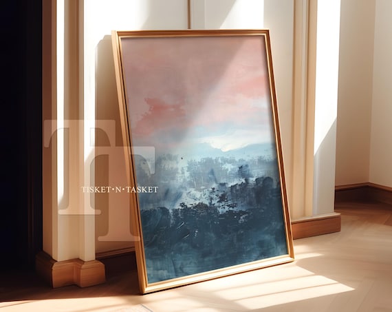 Pink Sky Blue Waves Abstract Water Painting Modern Ocean Wall Art