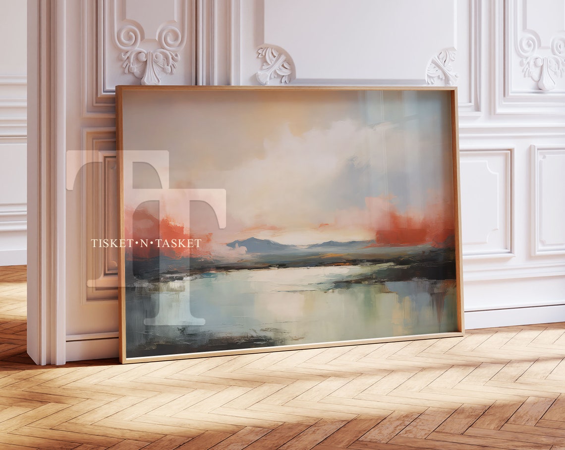 Blue Red Abstract Lakeside Sunset Modern Landscape Art Poster