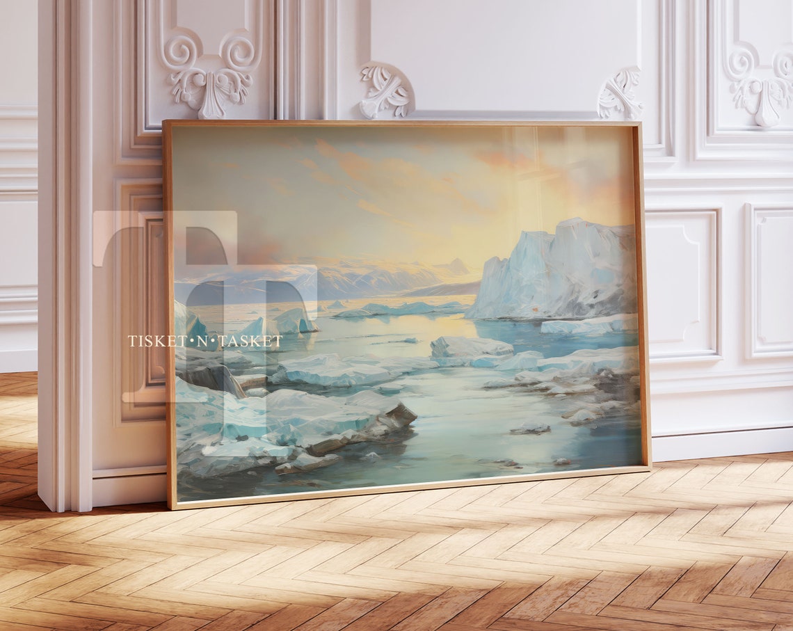 Arctic Ocean Icy Winter Landscape Painting With Icebergs Poster