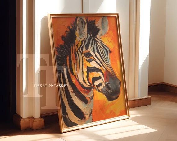 Orange And Yellow Zebra Portrait Painting Vertical Wall Art