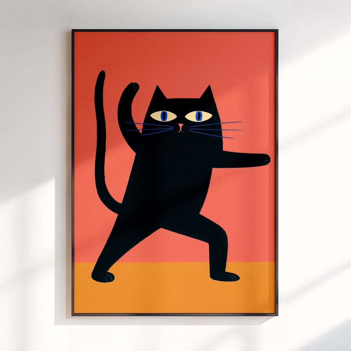 Black Cat In Yoga Warrior Pose Mid Century Modern Style Poster
