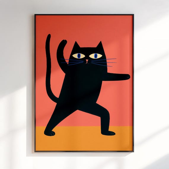 Black Cat In Yoga Warrior Pose Mid Century Modern Style Poster