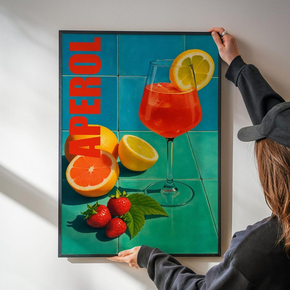 Aperol Spritz Cocktail Poster with Citrus Fruit on Teal Tiles Art