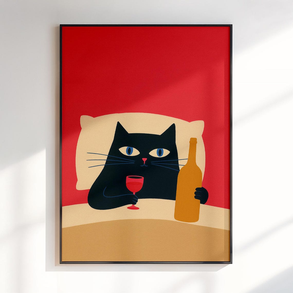 Black Cat In Bed With Wine Glass Playful Modern Illustration Poster