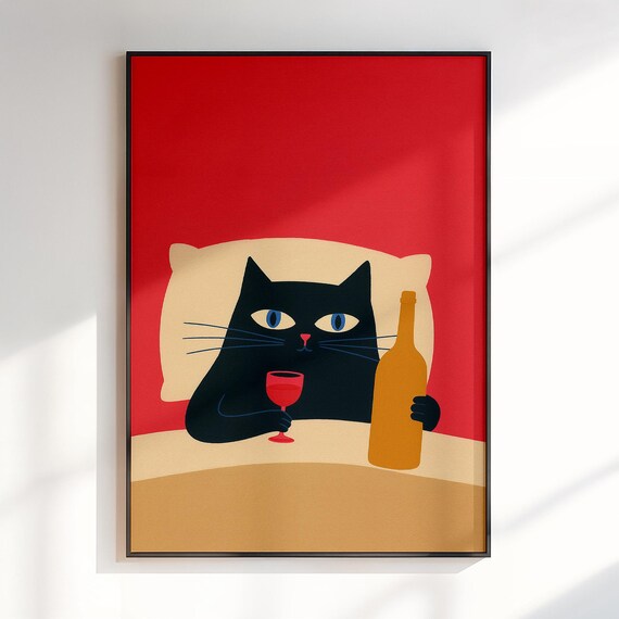 Black Cat In Bed With Wine Glass Playful Modern Illustration Poster