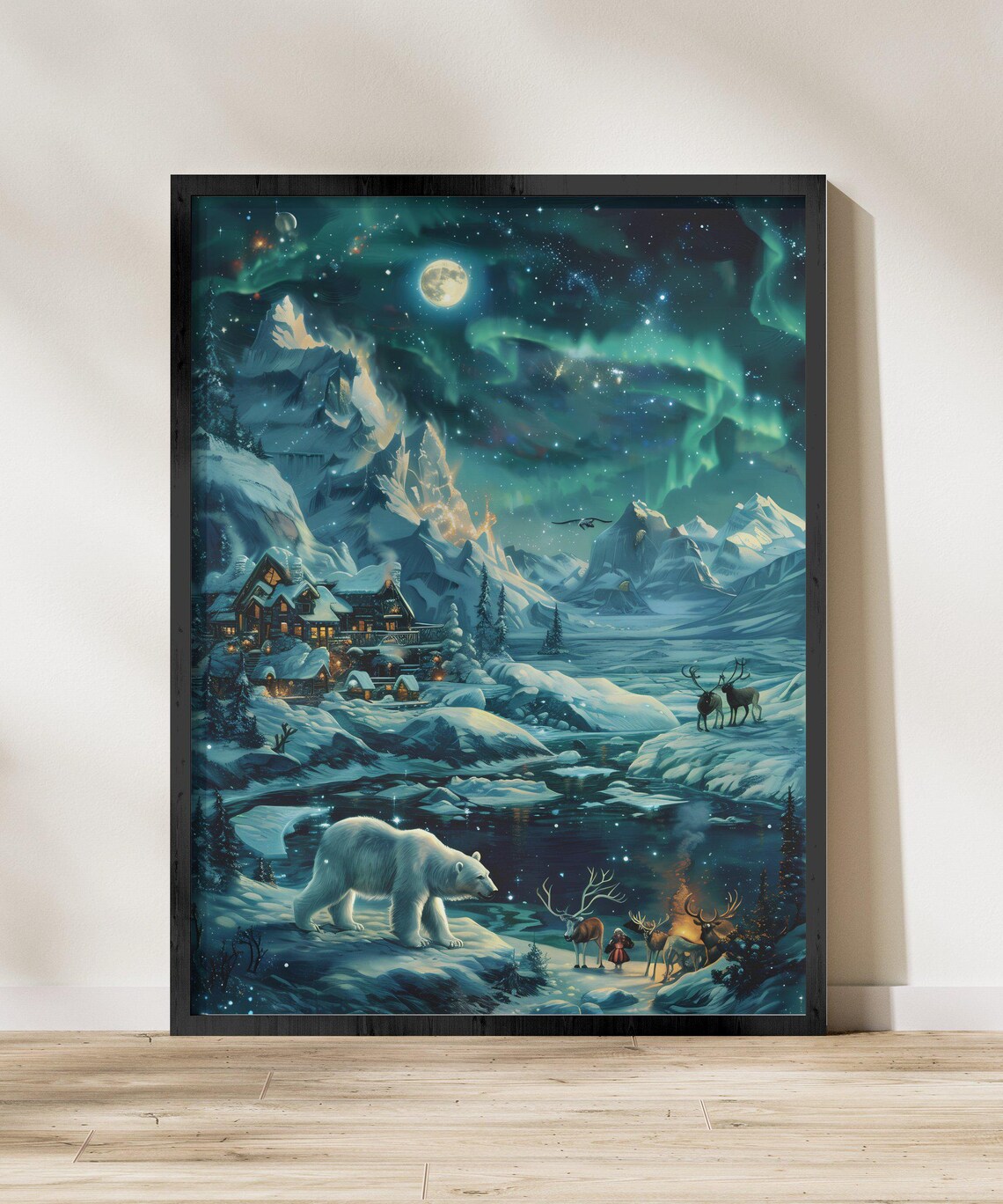 Northern Lights Alaska Polar Bear And Reindeer Art Print