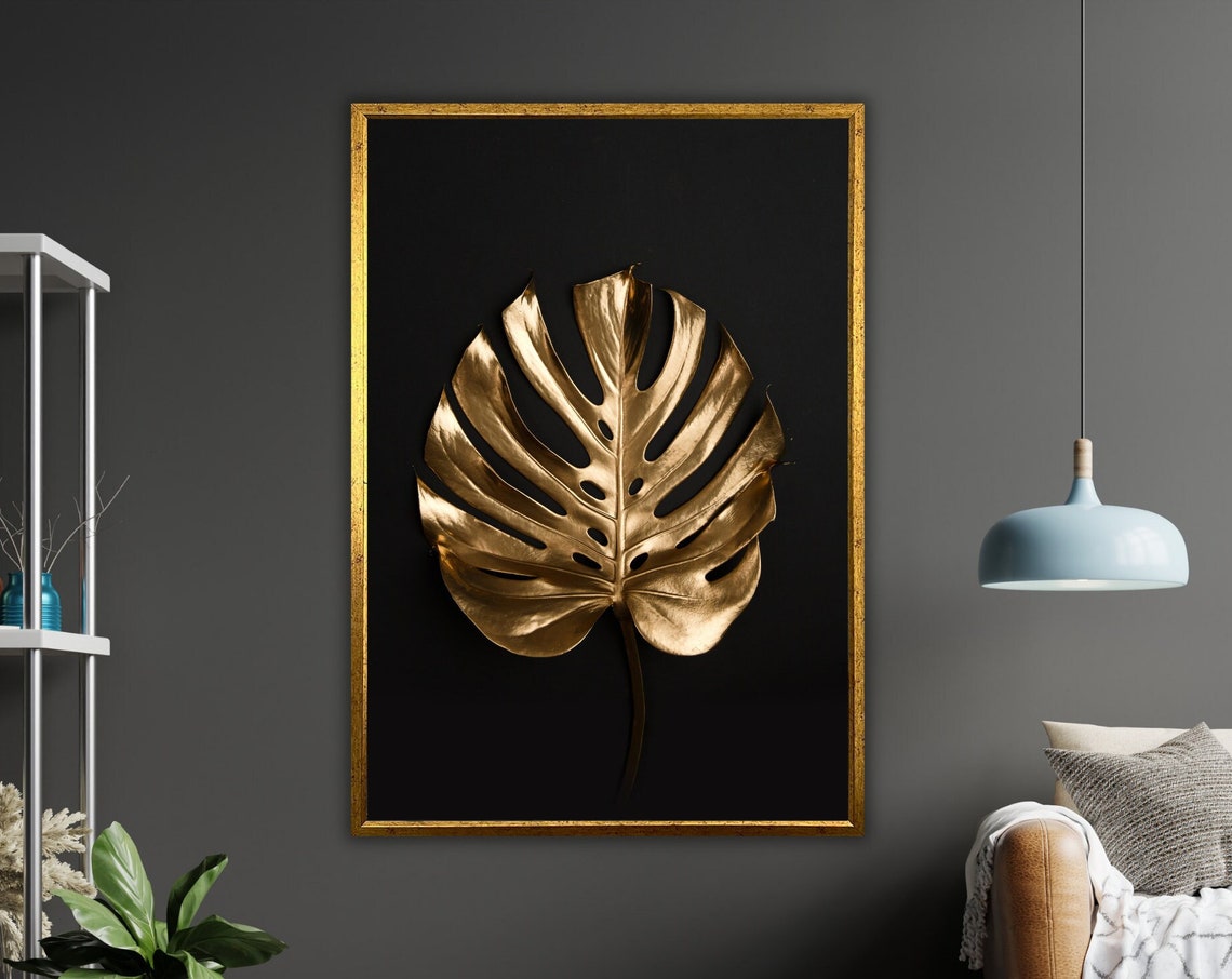 Gold Monstera Leaf Black Background Elegant Botanical Art Poster