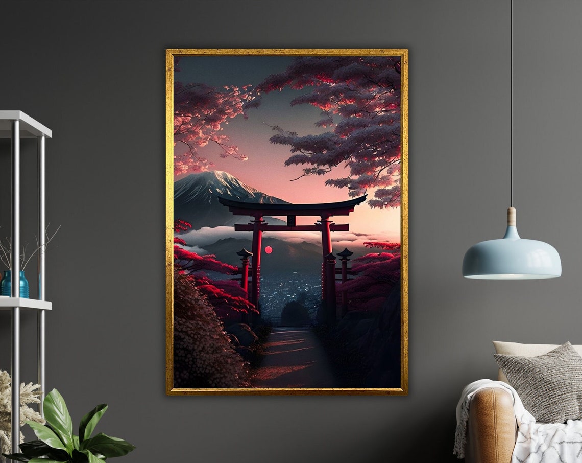 Japan Torii Gate Cherry Blossoms Mount Fuji Sunset View Travel Poster