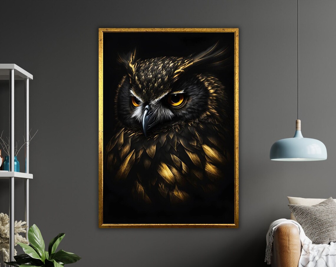 Dark Owl Portrait Golden Eyes On Black Background Wildlife Art Poster