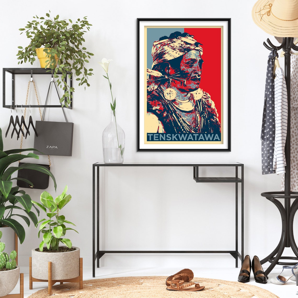 Tenskwatawa Shawnee Prophet Pop Art Portrait Poster Red and Blue - Image 2