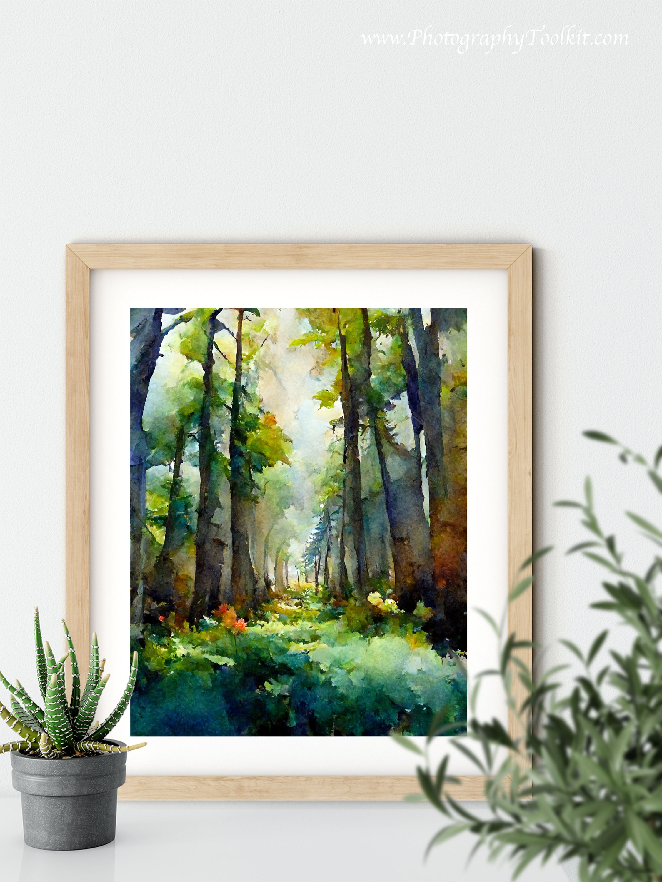 Sunlit Forest Interior Tall Trees Watercolor Golden Light Woods Poster - Image 5