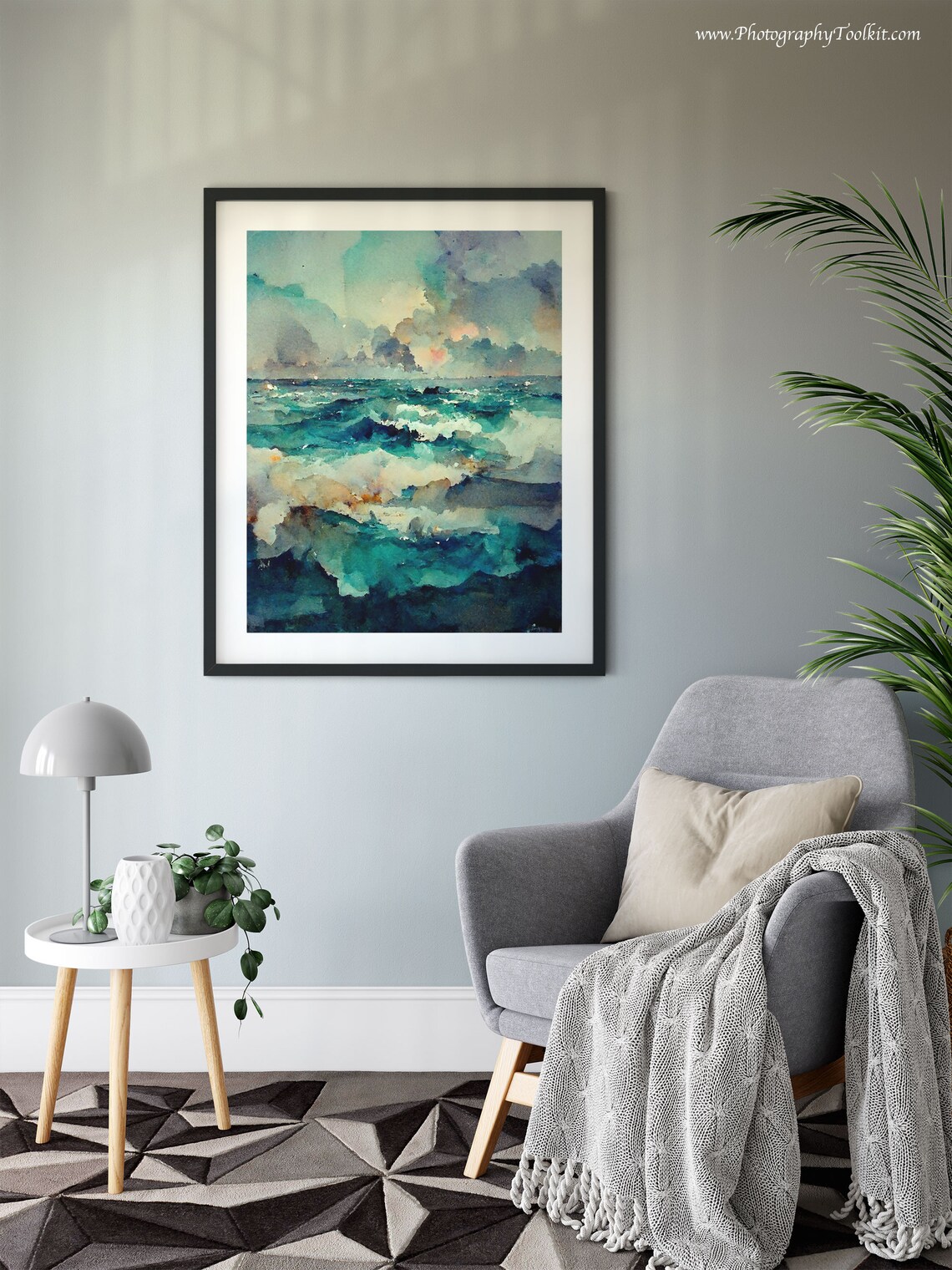 Turquoise Ocean Waves Sunset Clouds Watercolor Dramatic Sea Poster - Image 6