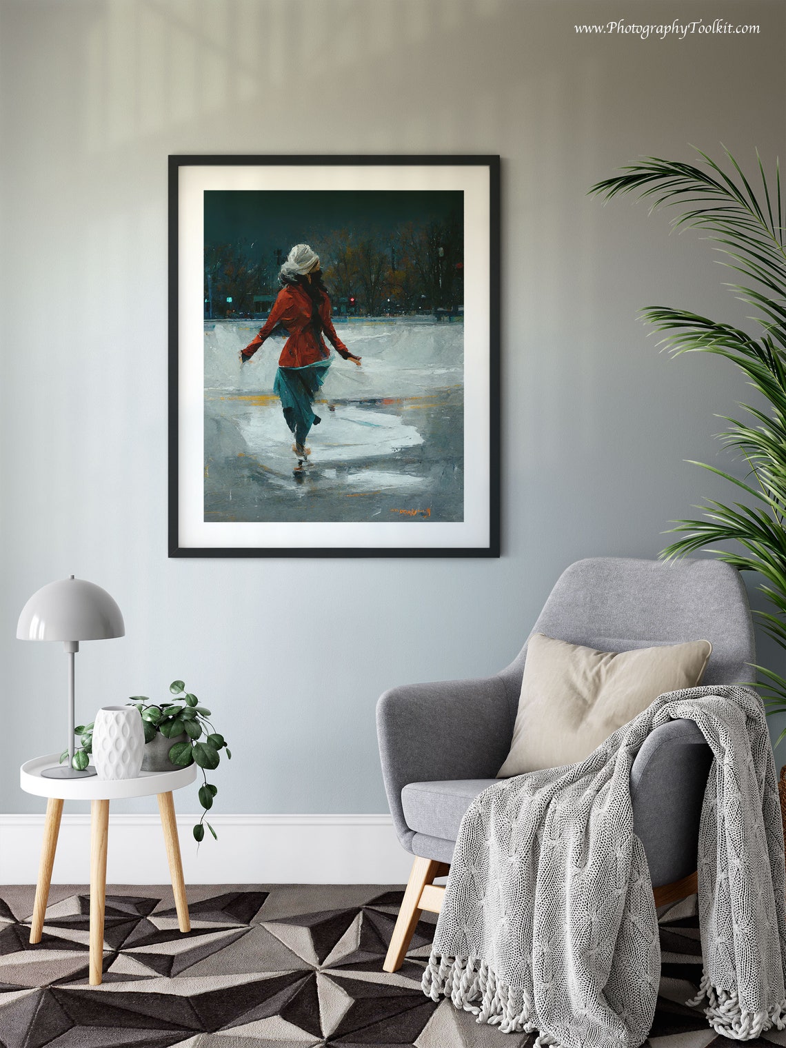 Woman Ice Skating at Night in a Red Coat Painterly Winter Poster - Image 6