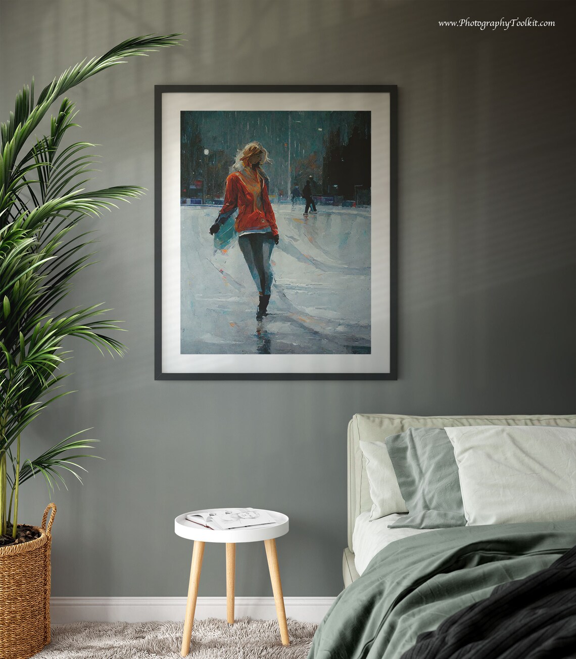 Blonde Woman Ice Skating Under Night City Lights Impressionist Poster - Image 3