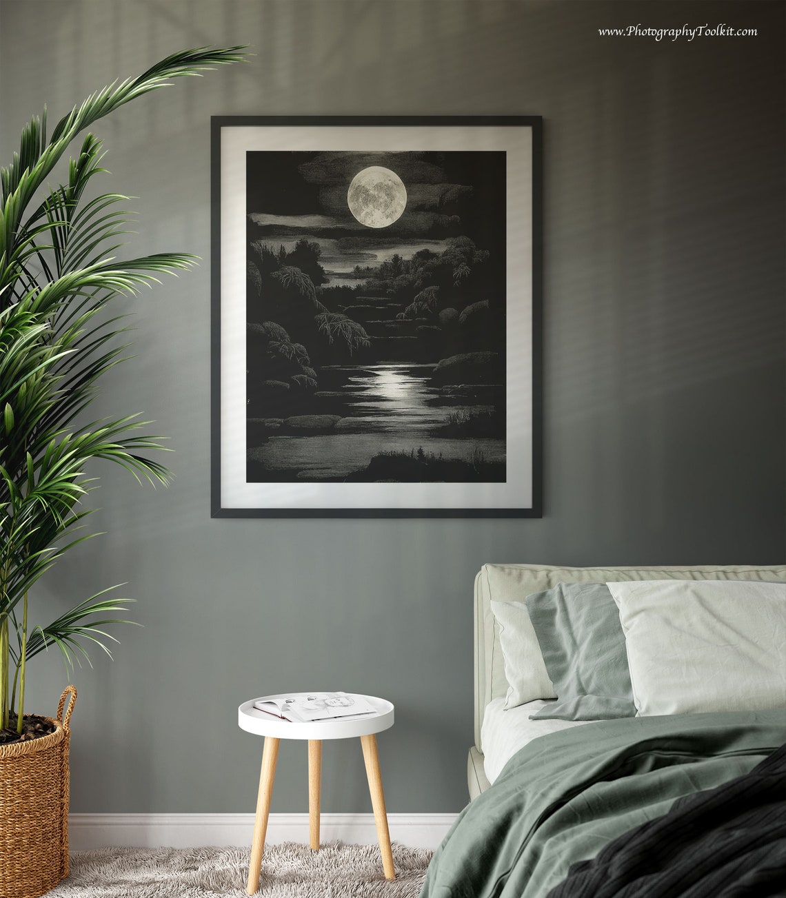 Full Moon Night River Reflection Black and White Moody Landscape Print - Image 3