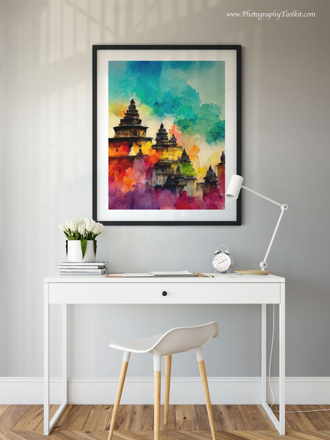 Ancient Stone Temple Spires Vibrant Magenta Sky Watercolor Poster - Image 2