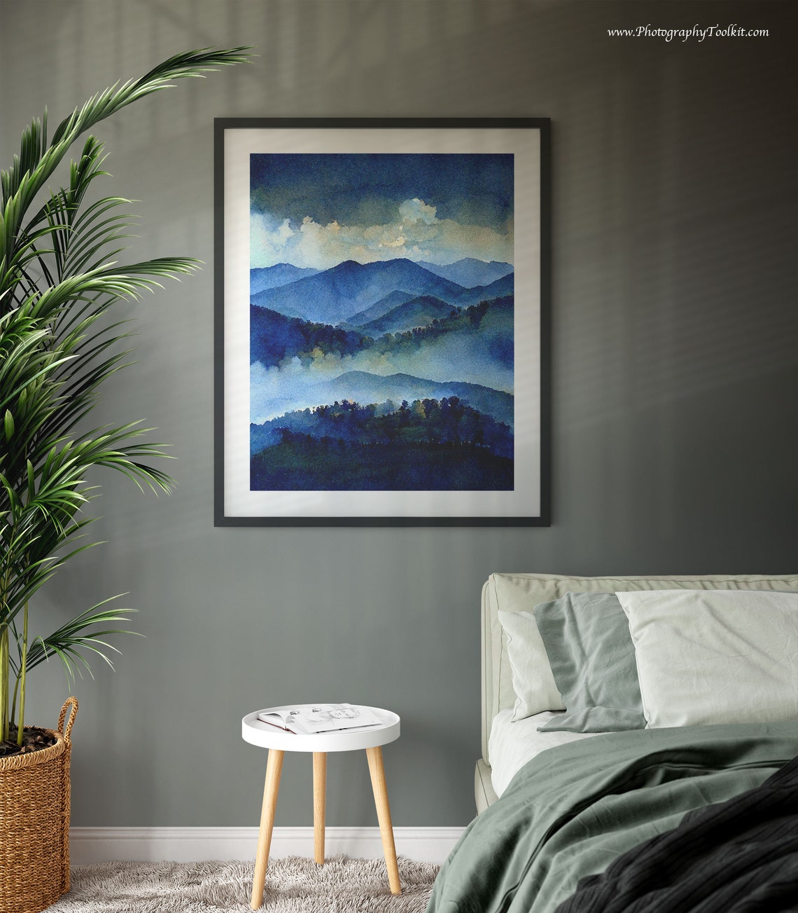 Blue Misty Mountains Watercolor Cloudy Sky Over Foggy Peaks Art Poster - Image 3