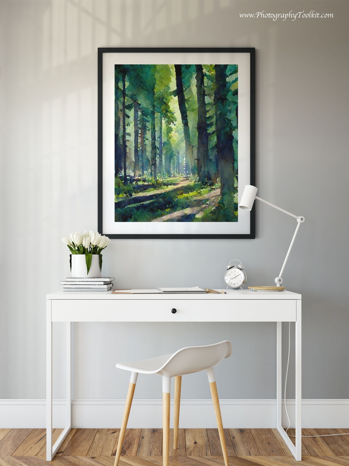 Misty Green Forest Sunlit Woodland Path Serene Watercolor Poster - Image 2